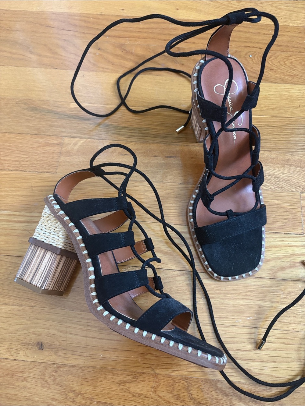 Jessica Simpson Black Suede Lace-Up Block Heel Sandals